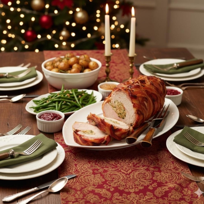 English Stuffed Boneless Turkey Breast Wrapped in Bacon
