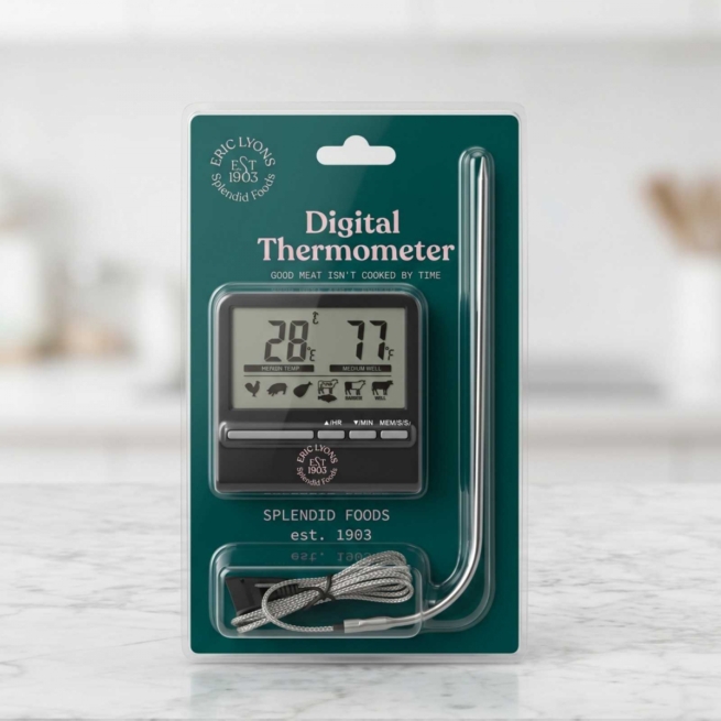 Eric Lyons branded digital meat thermometer with probe, featuring a green back panel with recommended cooking temperatures for beef, lamb, and poultry.