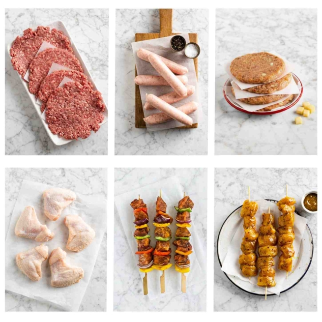 Smash Burgers, lashford's thin sausages, pork and apple burgers, chicken wings, jerk pork king skewers, thai chicken skewers