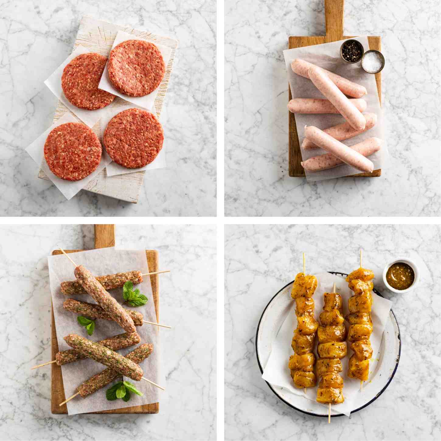 hattrick pack Steak Burgers, Jumbo Hot Dogs, Lamb Grillsticks and Thai Chicken Skewers